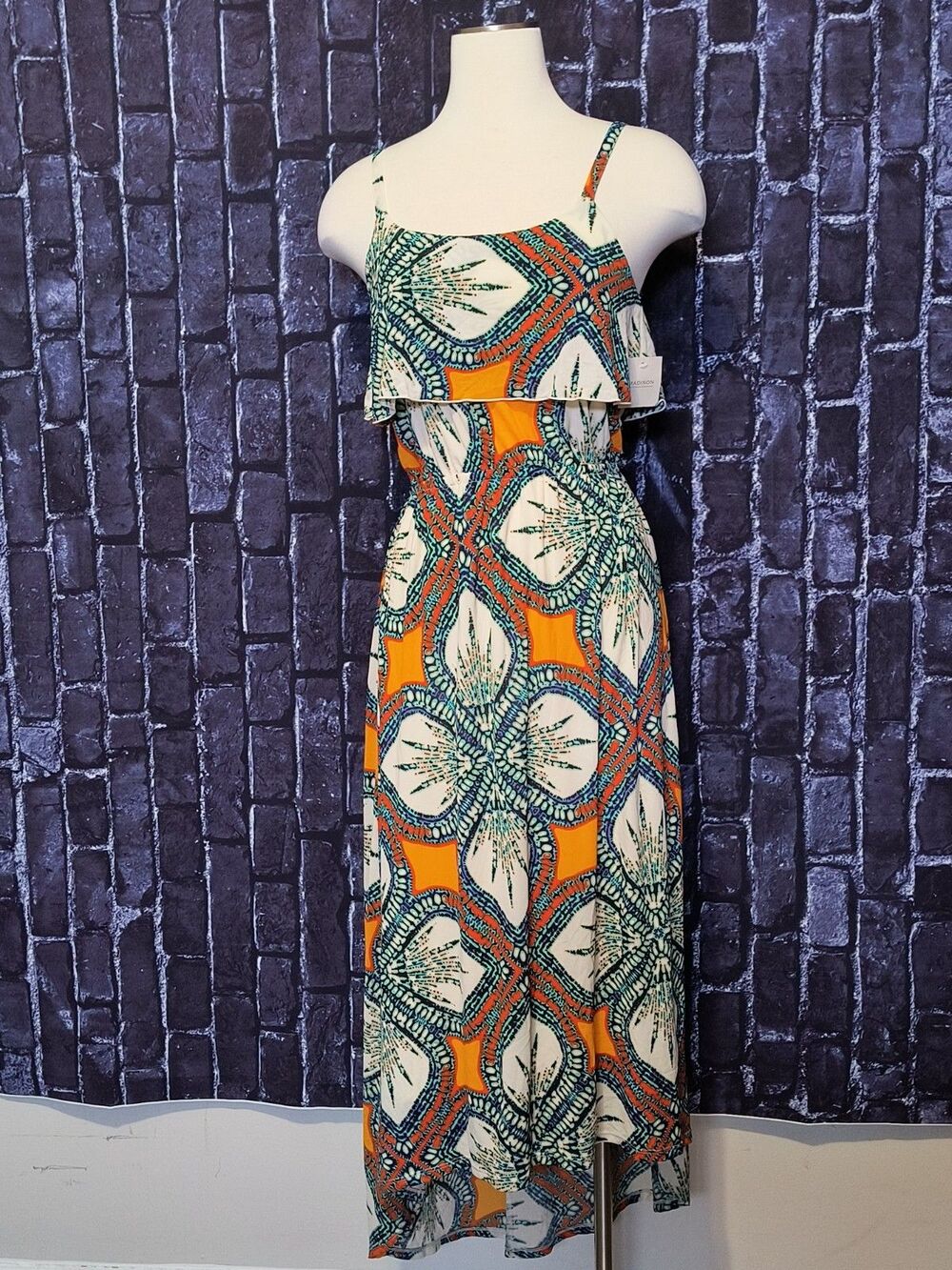 Madison Maxi Dress Womens Size Small Orange Teal Geometric Print Spaghetti Strap